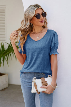 Flounce Smocked Sleeve V-Neck Tee Blue