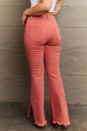 RISEN Hi Waist Side Slit Flare Jeans in Coral