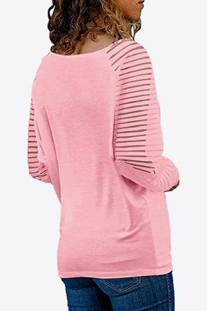 Soft V Neck Long Raglan Striped Sheer Sleeve Top - 9 colors