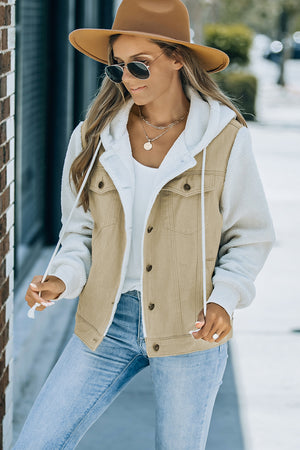 Two-Tone Spliced Denim Sherpa Hooded Jacket - 2 colors