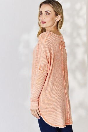 Zenana Oversized Washed Waffle Long Sleeve Top in Light Orange