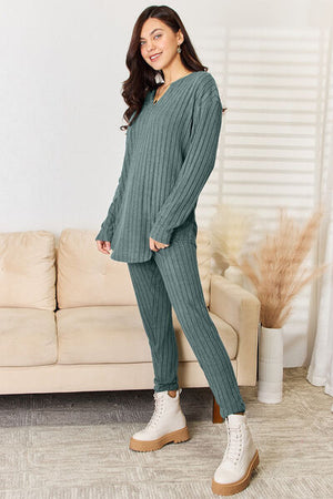 Notched Long Sleeve Top and Pants Set - 3 colors