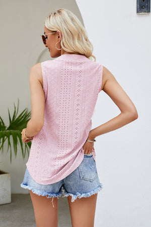 Notched Neck Curved Hem Eyelet Tank - 8 colors