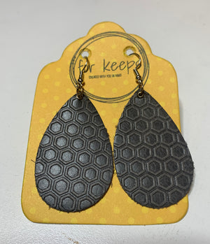 Leather Earring - Med Teardrop in Distressed Gray Leather with honeycomb embossing