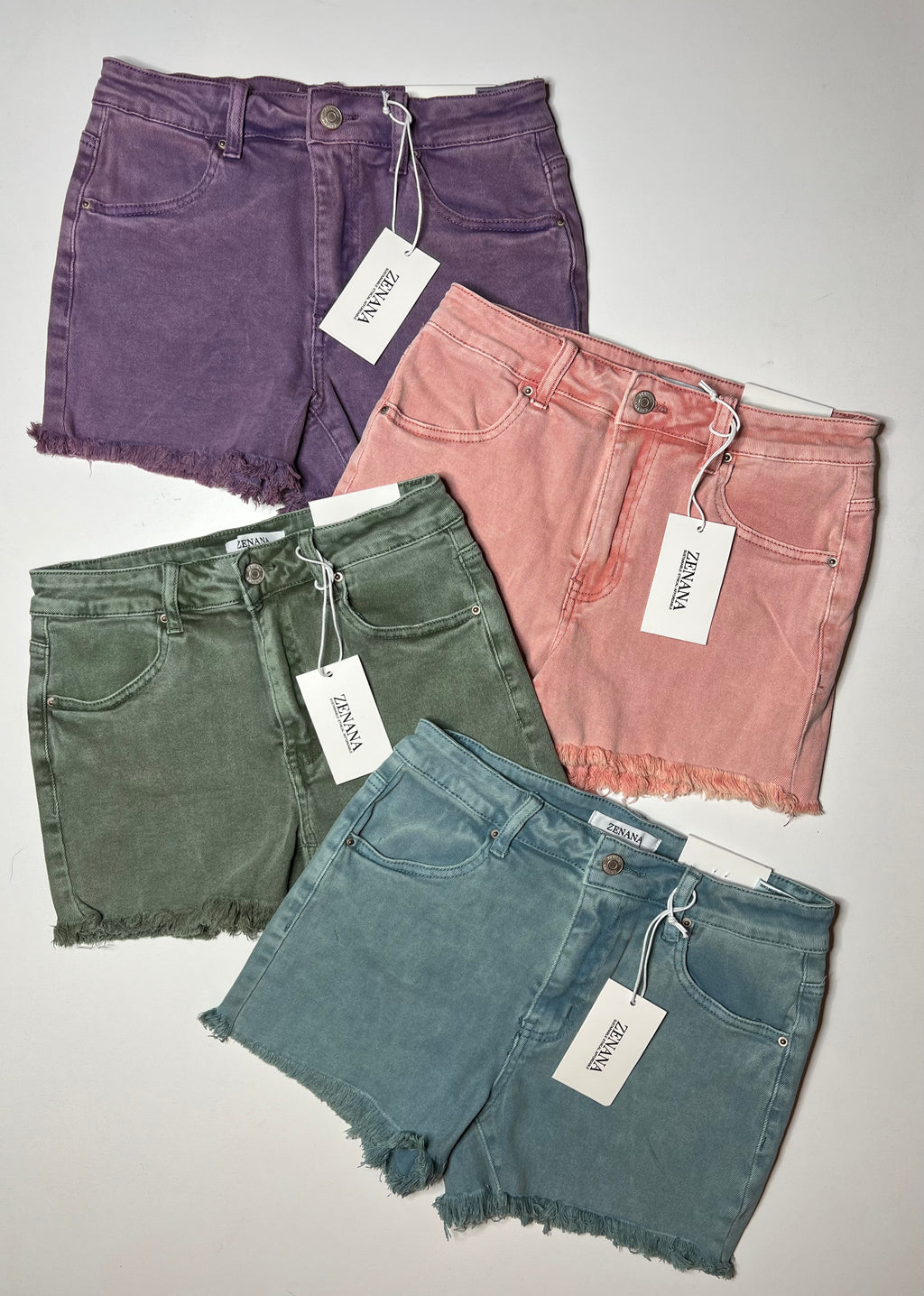 Zenana Acid Washed Frayed Hem Mid Rise Shorts - 4 colors