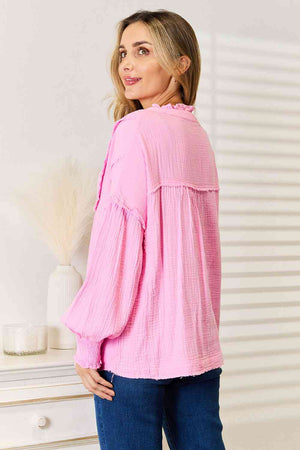 Exposed Seam Buttoned Notched Neck Blouse in Pink