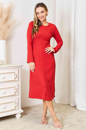 Round Neck Long Sleeve Dress in Red