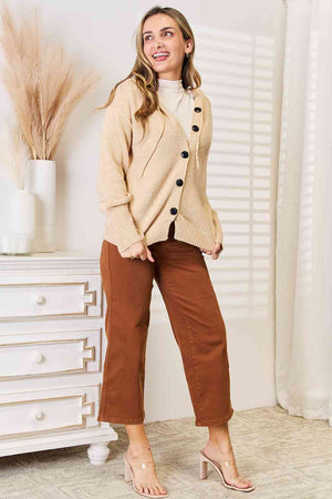Button-Down Long Sleeve Hooded Sweater in Tan