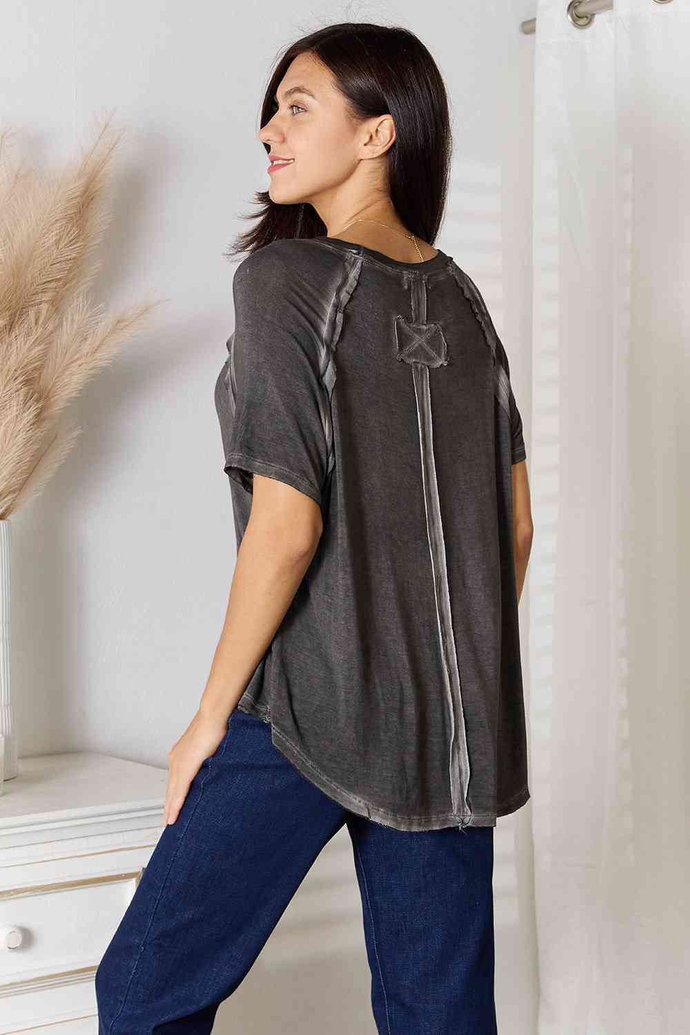 Zenana Round Neck Raglan Sleeve T-Shirt in Charcoal