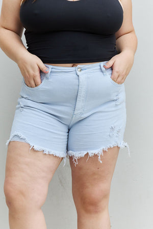 RISEN High Waist Distressed Shorts in Ice Blue