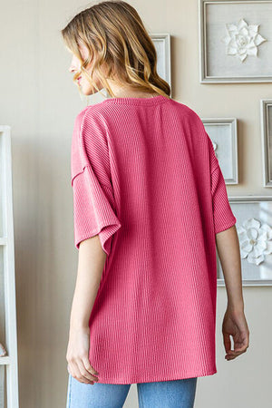 Heimish Ribbed Half Button Drop Shoulder Top Hot Pink