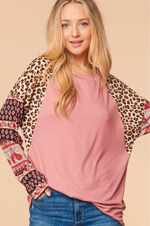 Haptics Mixed Print Round Neck Top