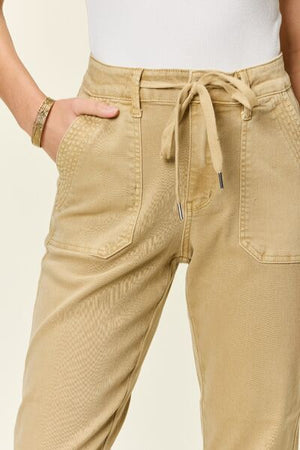 Judy Blue High Waist Garment Dyed Cuffed Jogger Jeans in Khaki