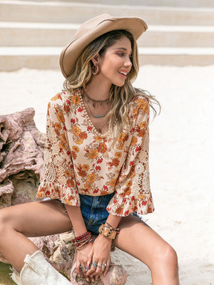 Floral V Neck Spliced Lace Boho Western Blouse