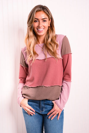 Color Block Exposed Seam Waffle-Knit Top