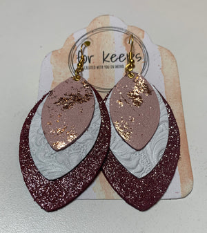 Leather Earring - Triple Leaf Lg Garnet Med Winter Dream Sm Blush Gold