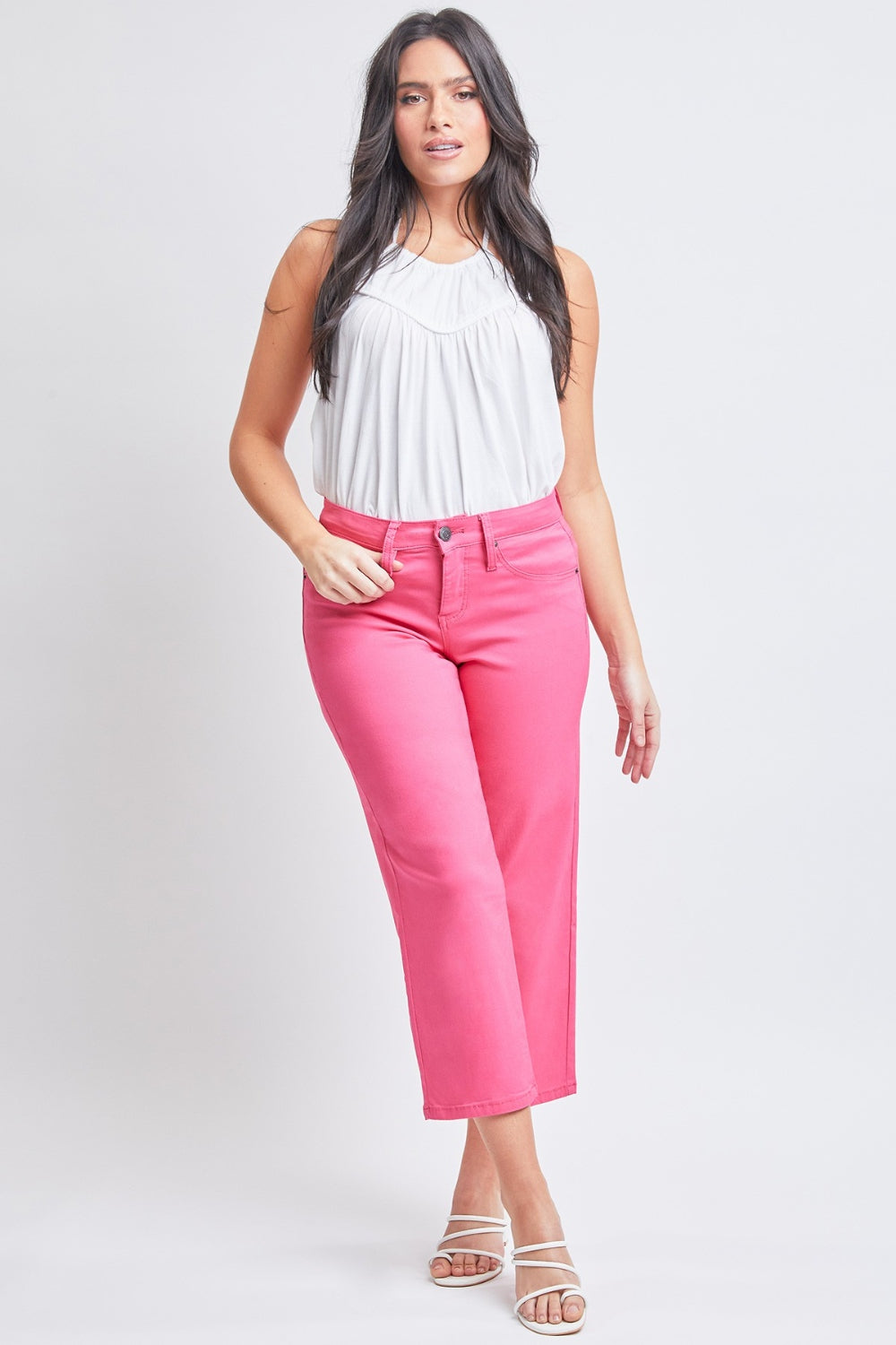 YMI Jeanswear Mid Rise Hyperstretch Cropped Straight Pants in Coral