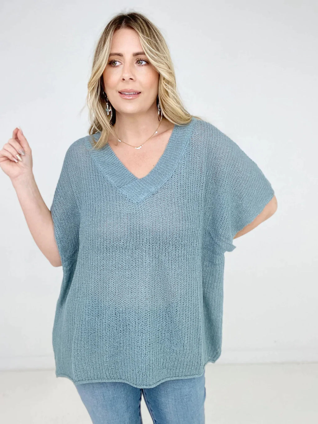 Zenana Oversized V-Neck Sheer Knit Top - Blue Grey