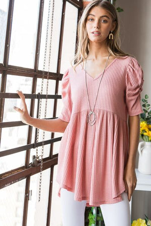 Waffle Knit V-Neck Babydoll Top in Rose