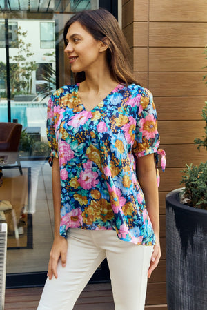 Petal Dew Floral V-Neck Tie Detail Blouse