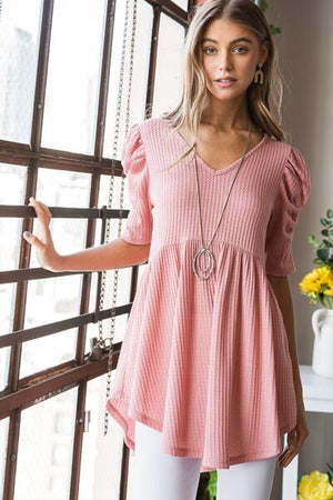 Waffle Knit V-Neck Babydoll Top in Rose