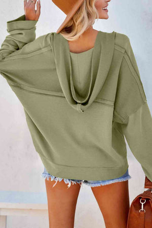Quarter-Button Exposed Seam Dropped Shoulder Hoodie - 12 colors