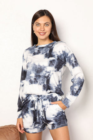 Tie-Dye Round Neck Top and Shorts Lounge Set in Charcoal