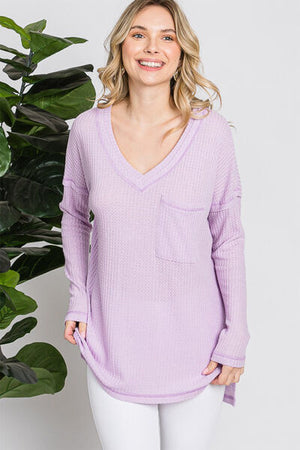 Waffle Knit V-Neck Long Sleeve T-Shirt in Lilac