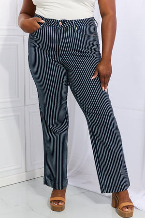 Judy Blue High Rise Control Top Non Distressed Striped Straight Leg Jeans