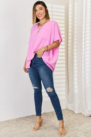 Zenana Short Sleeve Textured Oversized  T-Shirt Candy Pink