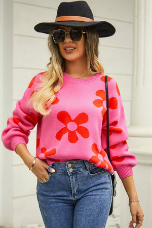 Floral Print Round Neck Dropped Shoulder Pullover Sweater - 5 colors