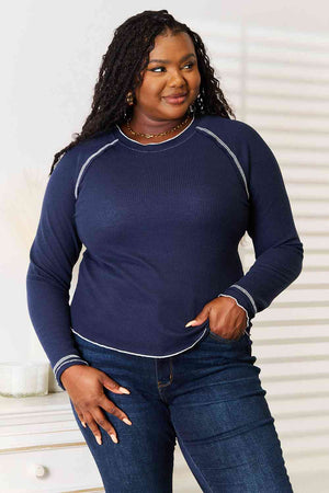 Long Raglan Sleeve Round Neck Top in Navy