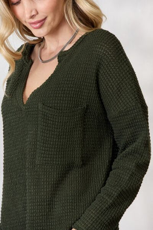 BiBi Notched Popcorn Waffle Long Sleeve Top Olive