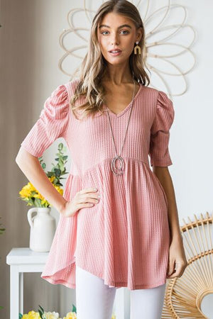 Waffle Knit V-Neck Babydoll Top in Rose