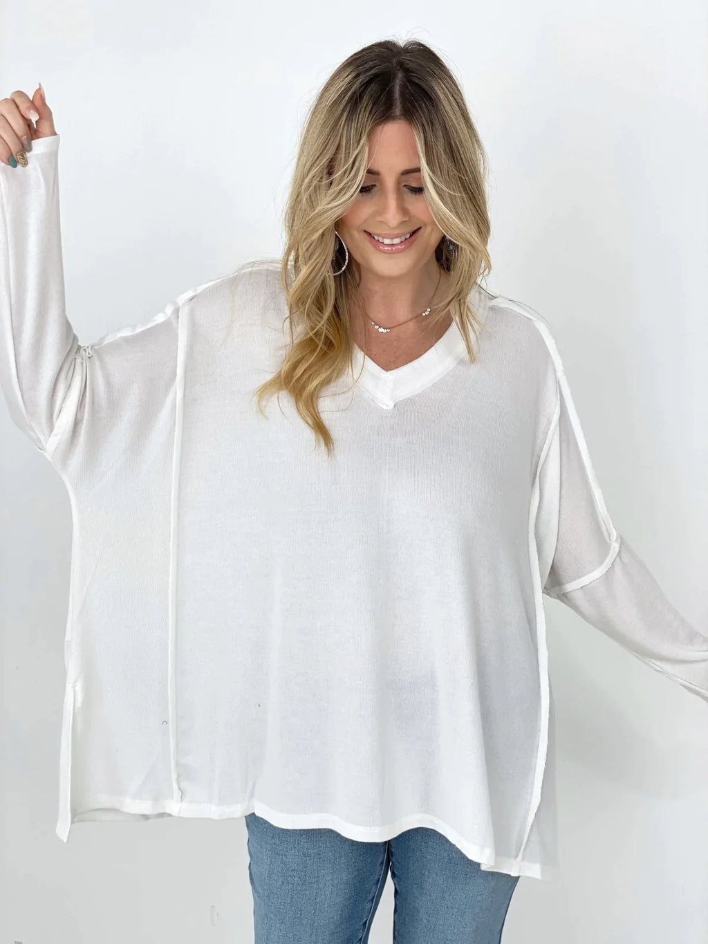 Easel Easy Breezy V-Neck Solid Long Sleeve OVERSIZED Top - White