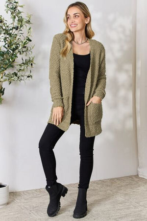 Zenana Falling For You Open Front Popcorn Cardigan Khaki