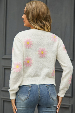 Flower Pattern Round Neck Short Sleeve Pullover Sweater - 6 colors