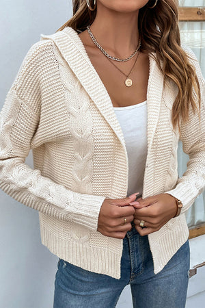 Cable Knit Dropped Shoulder Hooded Hip length Cardigan - 6 colors