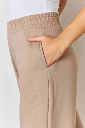 RISEN Wide Waistband Slit Wide Leg Pants in Sand