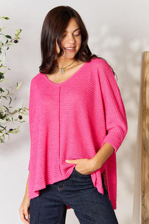 Zenana Round Neck High-Low Slit Knit Top Fuchsia