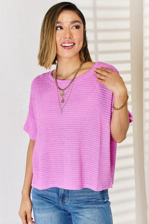 Zenana Round Neck Short Sleeve Waffle Knit Top in Bright Mauve