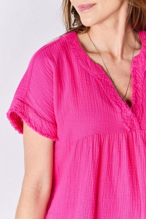 Zenana Raw Hem Short Sleeve Top in Hot Pink