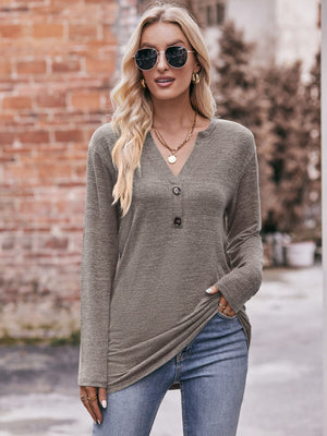 Buttoned Notch Neck Long Sleeve Top - 6 colors