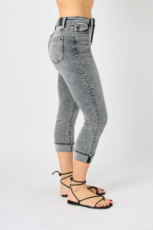 Judy Blue High Waist Button Fly Cuffed Capris in Gray