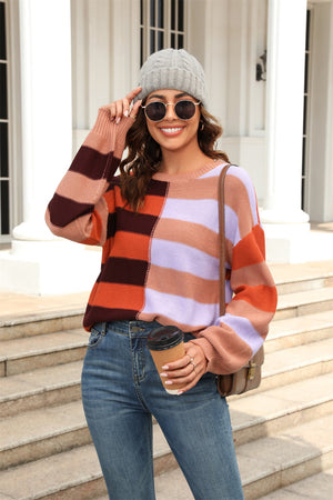 Round Neck Long Sleeve Color Block Dropped Shoulder Pullover Sweater - 3 colors