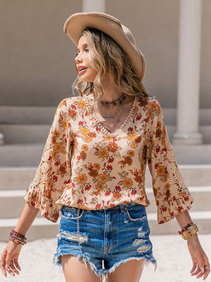 Floral V Neck Spliced Lace Boho Western Blouse