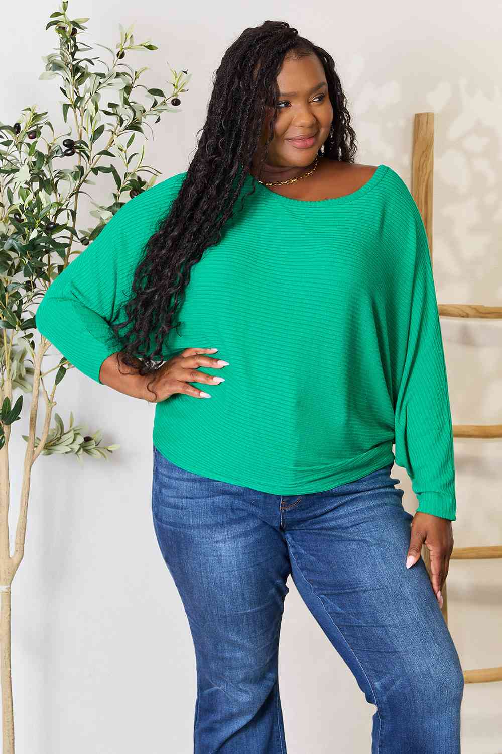 Zenana Round Neck Batwing Sleeve Blouse Mid Green