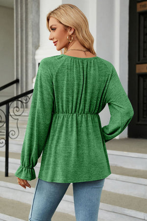 Round Neck Flounce Sleeve Peplum Blouse - 6 colors