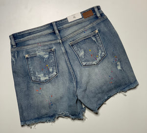 Judy Blue Mid Rise Rainbow Paint Splash Cutoff Destroyed Shorts