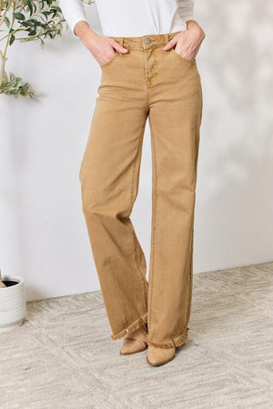 RISEN Hi Rise Fringe Hem Wide Leg Jeans in Mocha